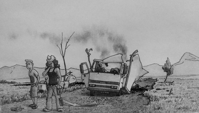 Kappy and Miles at the white truck. 